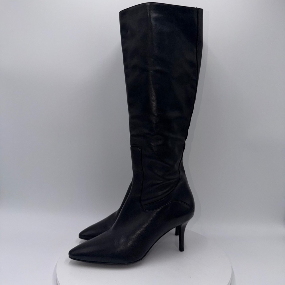 Cole Haan Vintage 90s Black Leather Tall Pointed Toe Stiletto Boots Size 8B